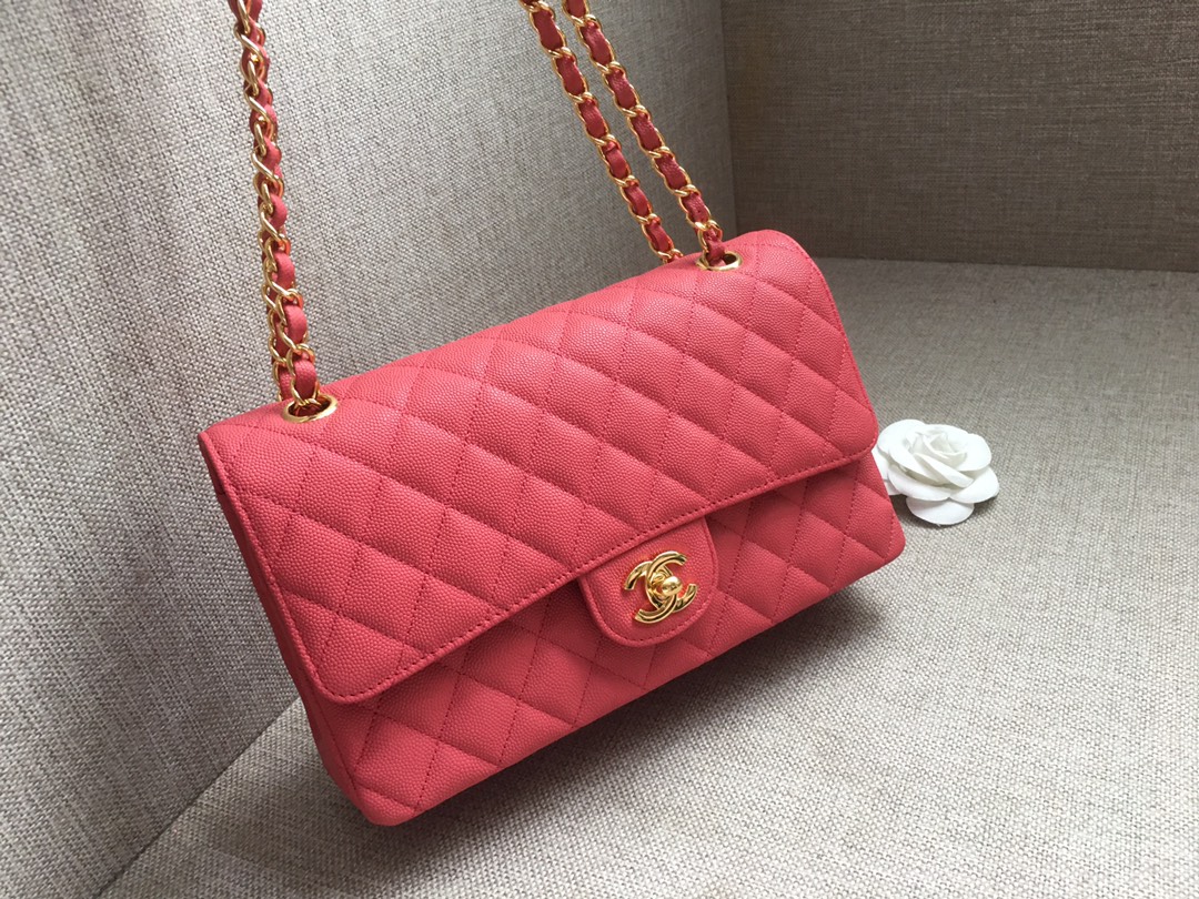 Medium Classic Flap Caviar Bag A01112 Rose Red/Gold